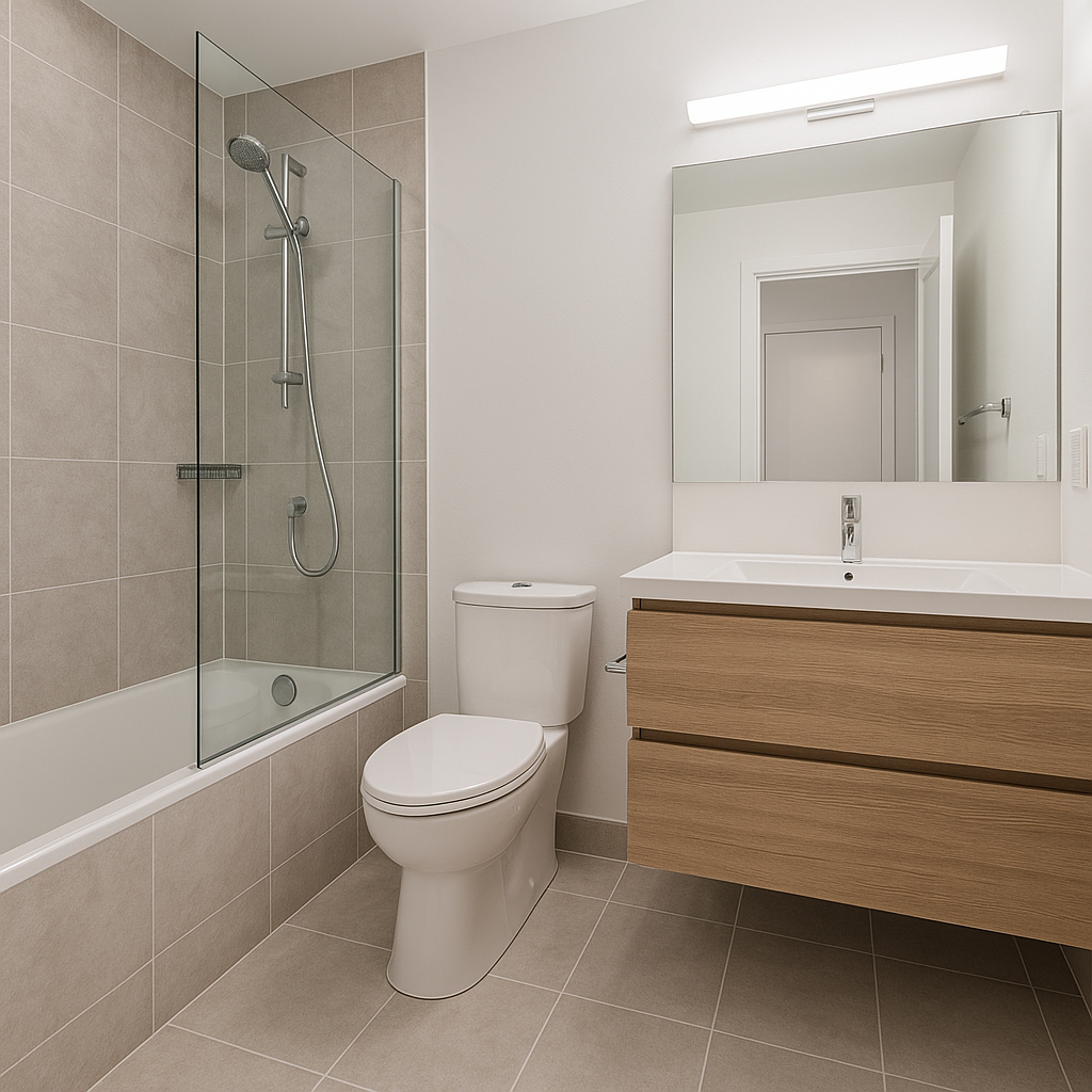 Modern bathroom renovation featuring clean lines and professional installation work by Emergency Trade, showcasing quality fixtures and expert craftsmanship